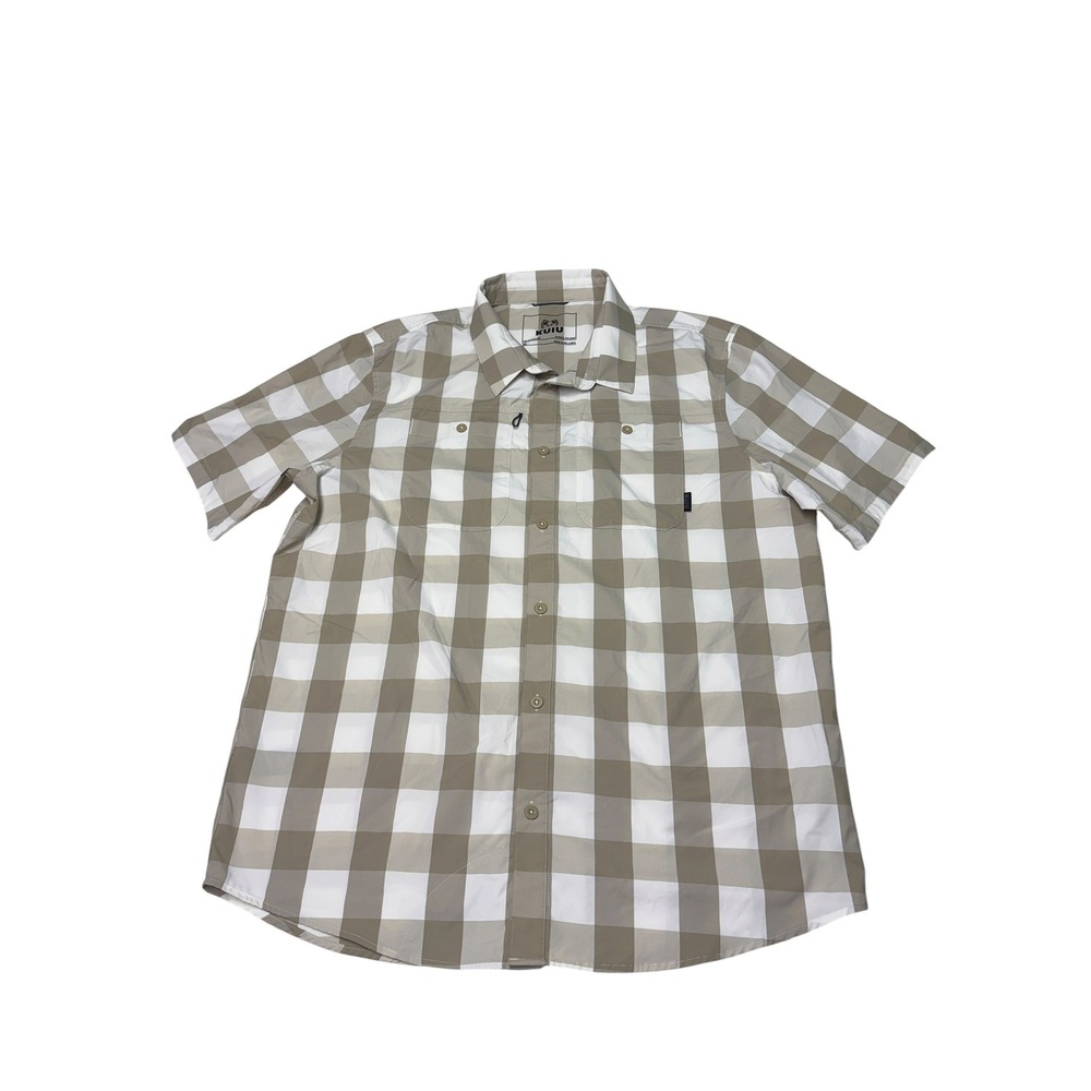 Kuiu Mens XL Short Sleeve Button Down Shirt Tan White Buffalo Check Technical